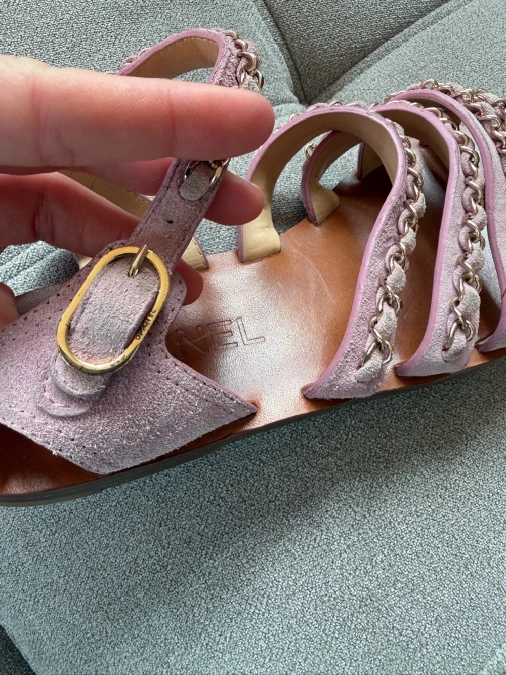 Chanel CC logo chain strap sandals gladiator flats shoes pink suede leather 37